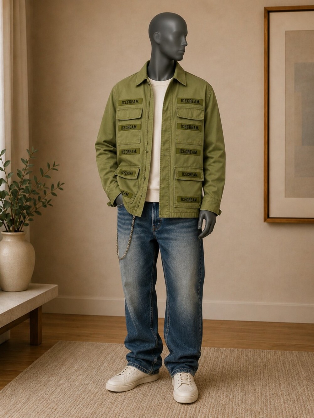 “ICECREAM BBC Military Utility Jacket Multi Pocket Streetwear Pharrell Style"